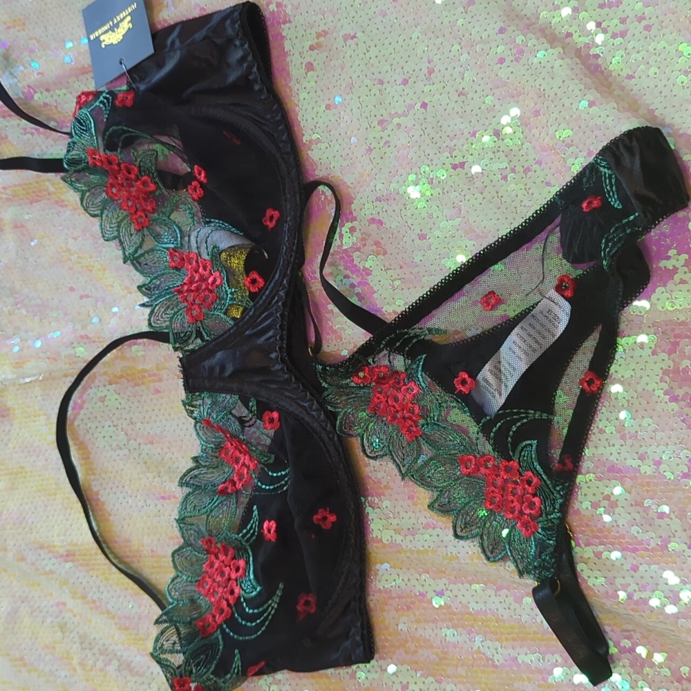 Black and Red Floral Embroidered Bra Set